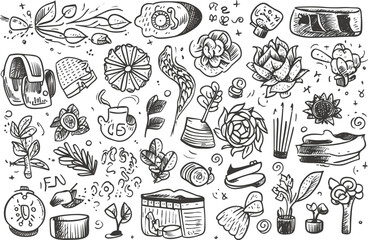 Large set of travel or tourism in sketch style. Line drawing illustration.