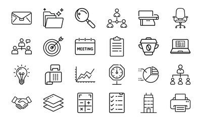 Office and Business Icon Bundle 24 Line Style Work Icons Office Tools, Meeting, Chart, Communication, Desk, Team, Planning Icons 