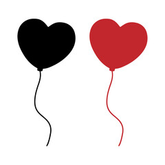 Two heart-shaped balloons one black and one red on white background