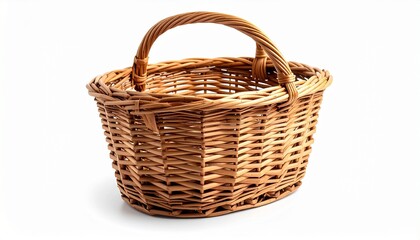 A handwoven wicker basket with a curved handle sitting on a white surface—symbolizing rustic charm, simplicity, and the elegance of traditional craftsmanship.