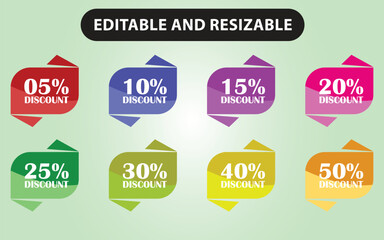 Colorful Discount Tag Set with Percentages Editable and Resizable Vector Illustration for Marketing and Promotions