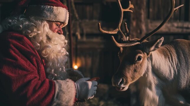Santa Claus feeding a glowing carrot to a grateful reindeer inside a rustic stable after a long night. Peaceful, cozy Christmas scene filled with warmth and holiday magic.
