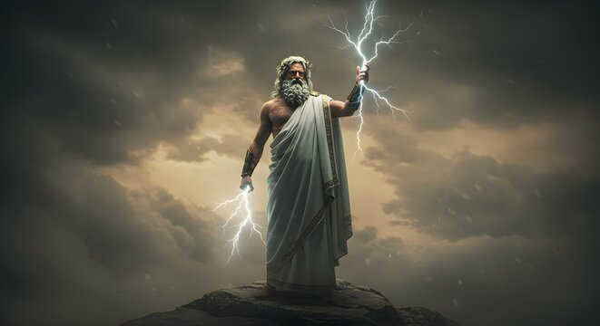 Powerful Depiction of Zeus in Godly Pose Holding Lightning Bolts Amidst Dramatic Skies