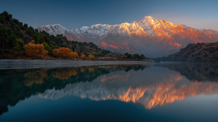 Fototapeta premium breathtaking glacial valley in nepal at sunrise showcasing majestic mountains illuminated by golden rays of morning