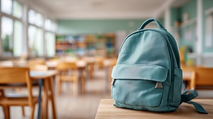 A backpack in an empty classroom evokes themes related to back to school, the beginning of a new school year, education, learning.