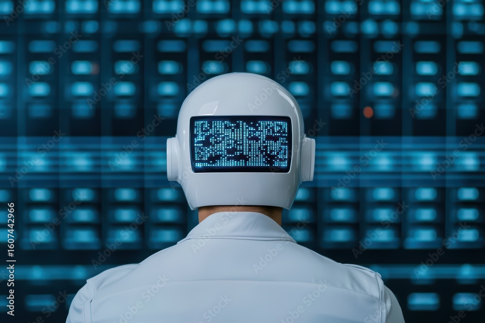 Poster modern robot figure with displayed data on headset screen