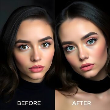 "Eye Color and Makeup Enhancement &ndash; Portrait Retouch Before and After Example"