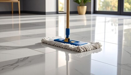 A gold and blue manual mop with a rectangular base and white cleaning pad placed on a plain surface—symbolizing practicality, cleanliness, and everyday household efficiency.
