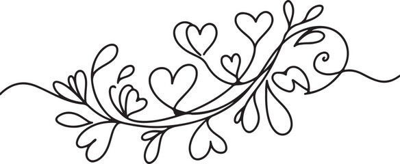 Minimalist decorative floral flourish, single-line black ink design on white background, heart and leaf motifs.