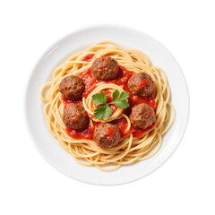 Delicious spaghetti and meatballs in tomato sauce isolated on transparent background