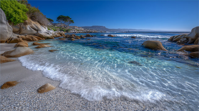 Gentle ocean currents ripple over a gray sandy seabed, small rocks scattered near a rugged rocky shore to the left, while the right side reveals finer sand and clusters of tiny peb