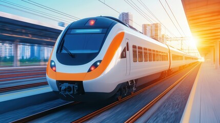 Naklejka premium Modern Train Approaching Station During Sunset with City View