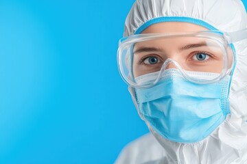 Close-Up of Medical Worker in Protective Gear on Blue Background