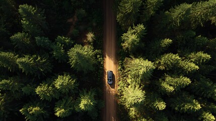 Electric car cruising along a shadowy forest road, seen from above .