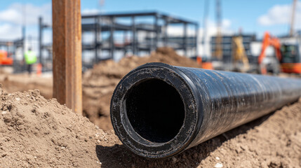 Black plastic pipe cut end facing the viewer, resting on coarse sand next to a rough brown pole, industrial building framework rises behind, showcasing efficient water supply syste