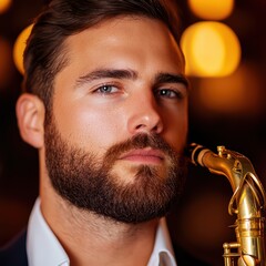 Close-up Portrait of a Musician with Saxophone at Night