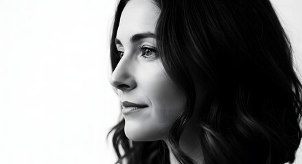 A black and white portrait of a woman with dark hair looking to the left against a white background