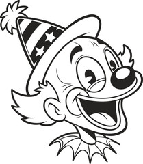 Whimsical Cartoon Clown Character with a Star Adorned Striped Hat and Exaggerated Cheerful Expression