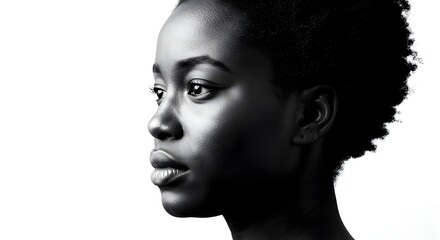 A monochrome close up profile of an african american woman with short curly hair on a white background