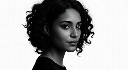 A grayscale portrait of a woman with curly hair looking over her shoulder against a white background