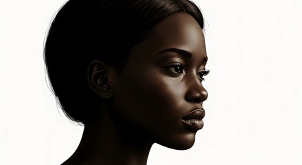 Profile view of a dark skinned woman with short hair against a white background looking to the right