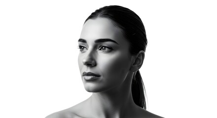 A grayscale portrait of a young woman looking to the side with a white background and soft lighting