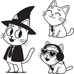 Whimsical Cats Illustrated in Black and White Wearing Costumes and Accessories, Expressing Different Moods