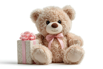  brown teddy bear with pink ribbon bow, sitting with wrapped gift box, white background. Valentines Day, Women Day, Birthday celebration Concept.