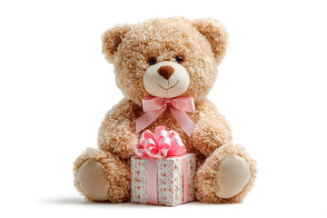 Obraz premium brown teddy bear with pink ribbon bow, sitting with wrapped gift box, white background. Valentines Day, Women Day, Birthday celebration Concept.