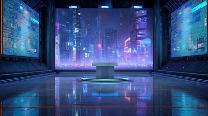 Empty podium set in a futuristic cyber world, with illuminated digital signs, holograms, and a bright neon city in the distance .