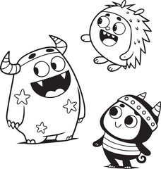 Whimsical World of Adorable Monsters An Ink Drawing Featuring Three Friendly Creatures in Black and White