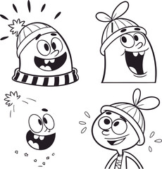 Black and White Cartoon Characters Wearing Winter Hats and Smiling Happily in Various Poses