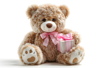 Obraz premium brown teddy bear with pink ribbon bow, sitting with wrapped gift box, white background. Valentines Day, Women Day, Birthday celebration Concept.