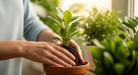 Woman's hands gently potting a vibrant green plant in terracotta pot, bathed in soft sunlight