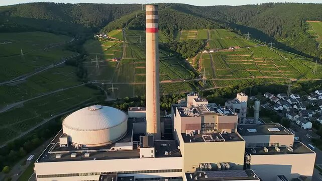 Neckarwestheim Nuclear Power Plant Germany at Sunset - Containment Dome, Unique Cooling Tower, Vineyards