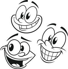 Three Black and White Cartoon Faces with Exaggerated Features Expressing Joyful and Animated Expressions on a White Background
