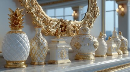 Fototapeta premium Ornate white porcelain and gold decorative objects on a marble mantelpiece