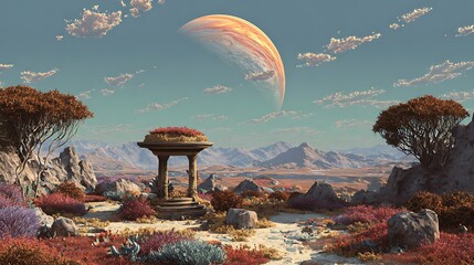 Empty podium surrounded by alien flora and strange landscapes, with a distant colorful planet hanging in the sky .