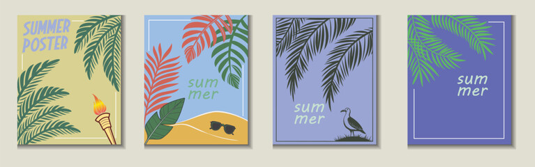 Tropical summer poster set with palm trees, beach elements, torch, bird, and sunglasses. Vibrant seasonal design for digital use and print. Perfect for travel and vacation promotions.