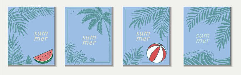 Minimal summer poster set with palm leaves, beach ball, and watermelon illustration. Blue tropical background ideal for seasonal ads. Clean and modern summer vibe for digital use.