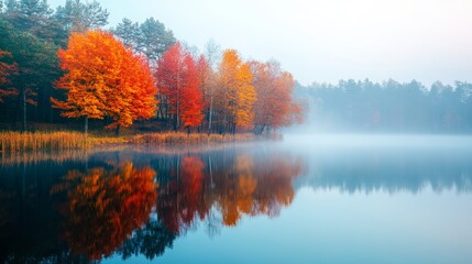 A misty autumn morning with a calm lake reflecting vibrant trees