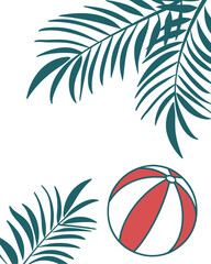 Minimal summer poster set with palm leaves, beach ball, and watermelon illustration. Blue tropical background ideal for seasonal ads. Clean and modern summer vibe for digital use.