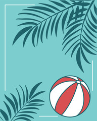 Minimal summer poster set with palm leaves, beach ball, and watermelon illustration. Blue tropical background ideal for seasonal ads. Clean and modern summer vibe for digital use.