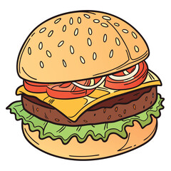 Cartoon burger with sesame bun, beef patty, cheese, tomato, onion, and lettuce