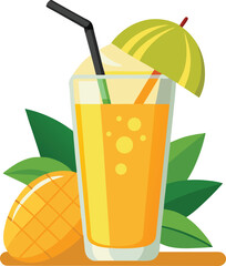 vector illustration of a glass of juice and mango, glass of mango juice
