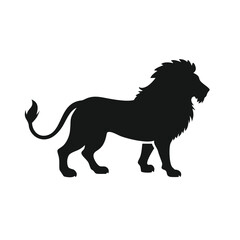 A powerful lion silhouette, isolated on white background, stands tall with its magnificent mane and muscular build, symbolizing courage and leadership in the animal kingdom