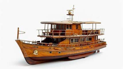 Exquisite Wooden Model of a Classic Motor Yacht Showcasing Detailed Craftsmanship