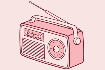  retro pink radio, vintage analog radio, minimalist radio design, simple radio with dial and antenna, classic portable radio, minimalist electronic device