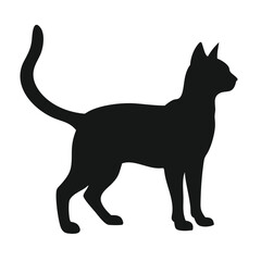 A sleek black cat silhouette is walking gracefully, isolated on white background, showcasing its elegant form in a minimalist design