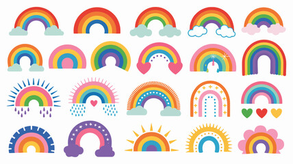  Rainbow Doodle Set – Hand-Drawn Colorful Arcs, Clouds with Rainbow Trails, and Hearts for Kids’ Design, Cute Stickers, and Whimsical Art Projects

